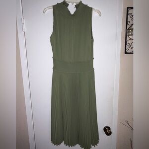 Olive Green Pleated Midi Dress | Sleeveless Mock Neck |